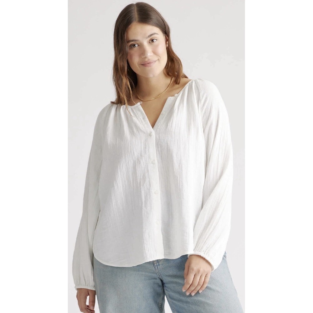 Quince Blouse Womens Large White Organic Cotton Textured‎ Gauze Peasant #A7-7
